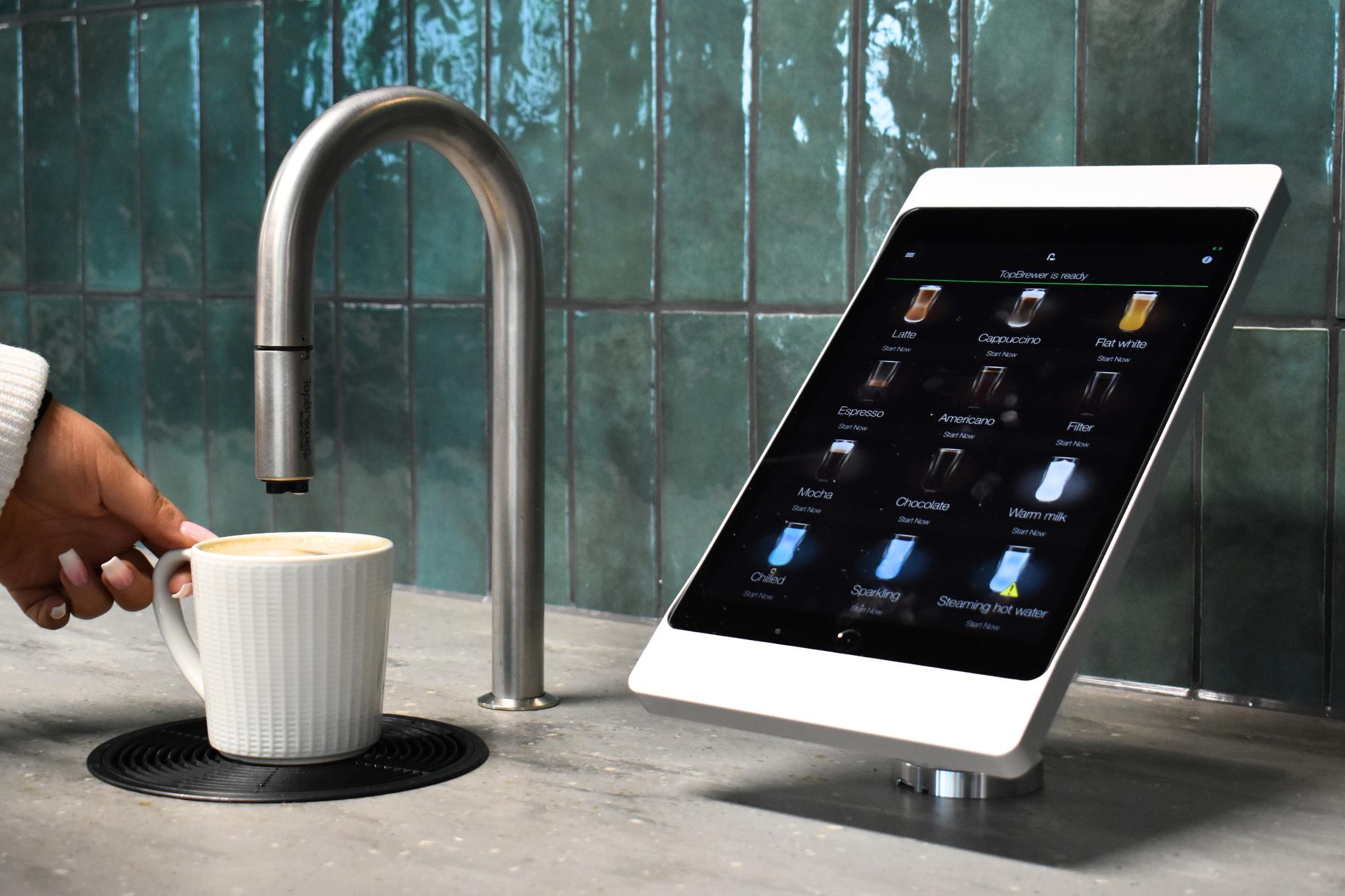 Link Spaces Coworking breakout area with TopBrewer coffee tap machine with iPad and Latte